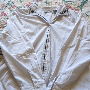 White with blue flowers embroidered long sleeve button cottagecore shirt